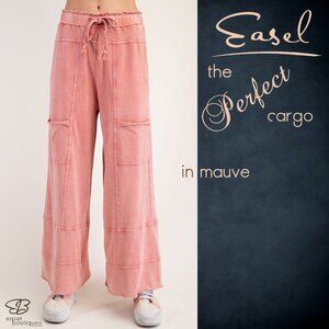 EASEL "Perfect Cargo" Terry Knit Mineral Washed Flared Leg Pants Raw Hem & Seams